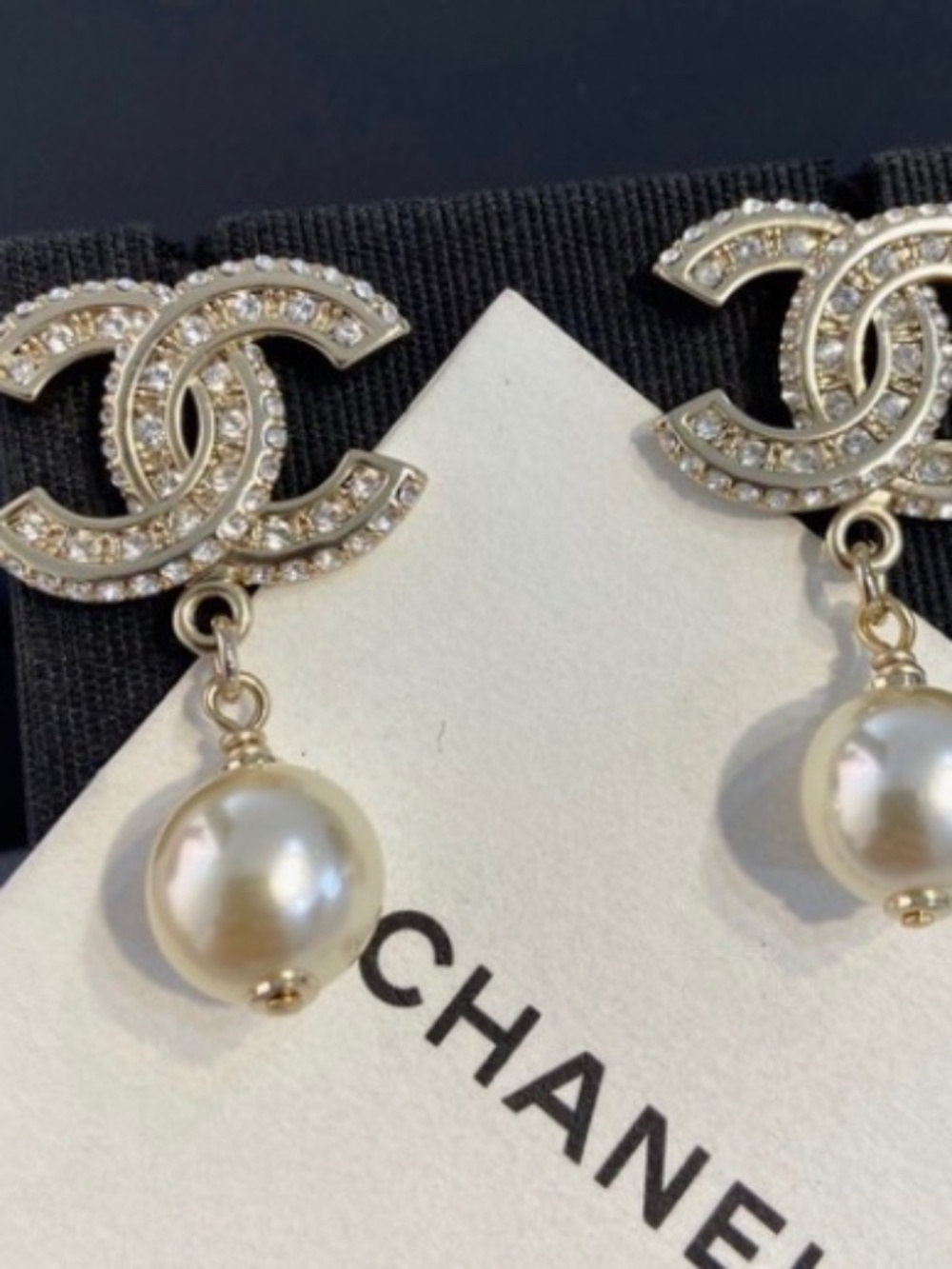 CHANEL Pearl & Crystal Double C Drop Earrings